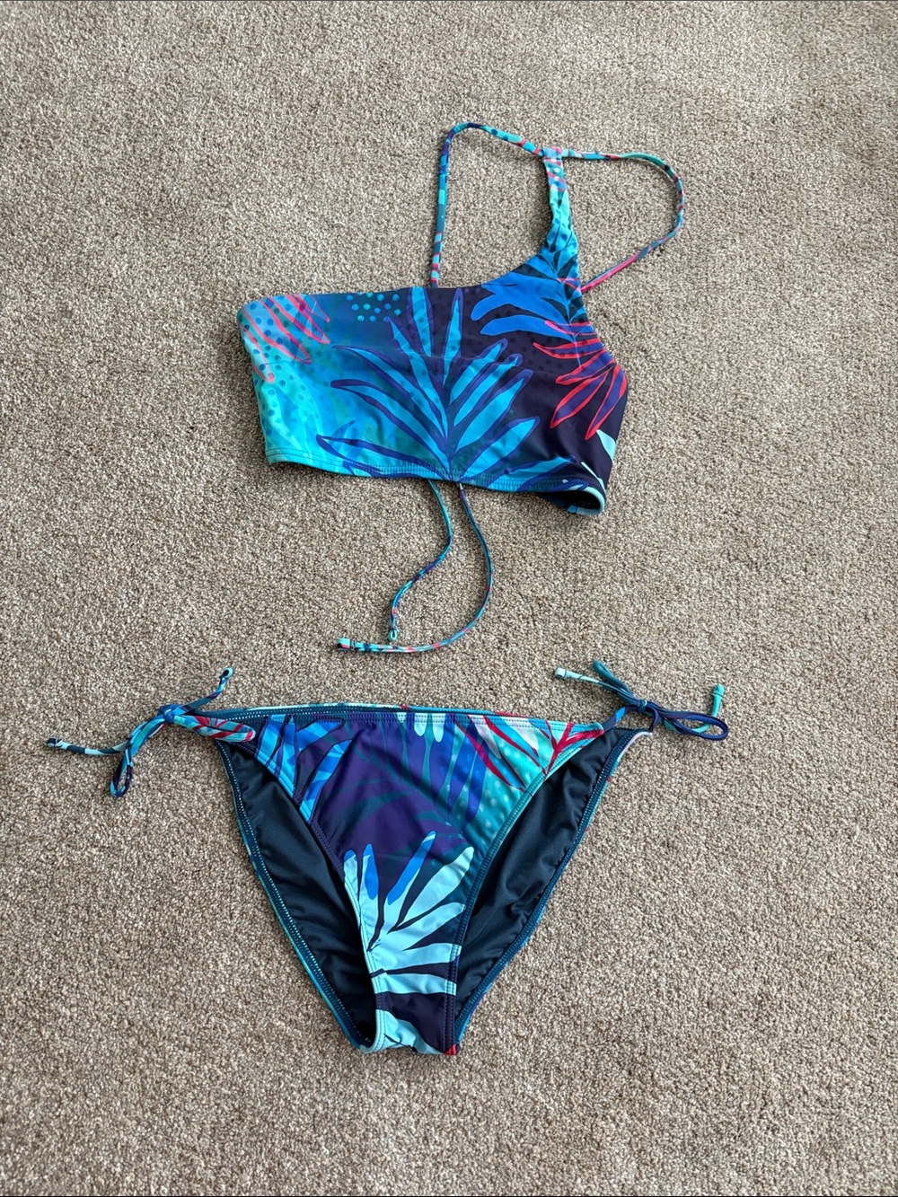 Girls Asymmetric Tropical Tankini Set - Blue Teal Print